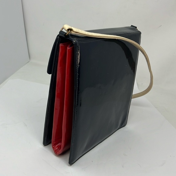 Saks Fifth Avenue Vintage Patent Leather Navy Red Beige Shoulder Bag - Picture 5 of 16